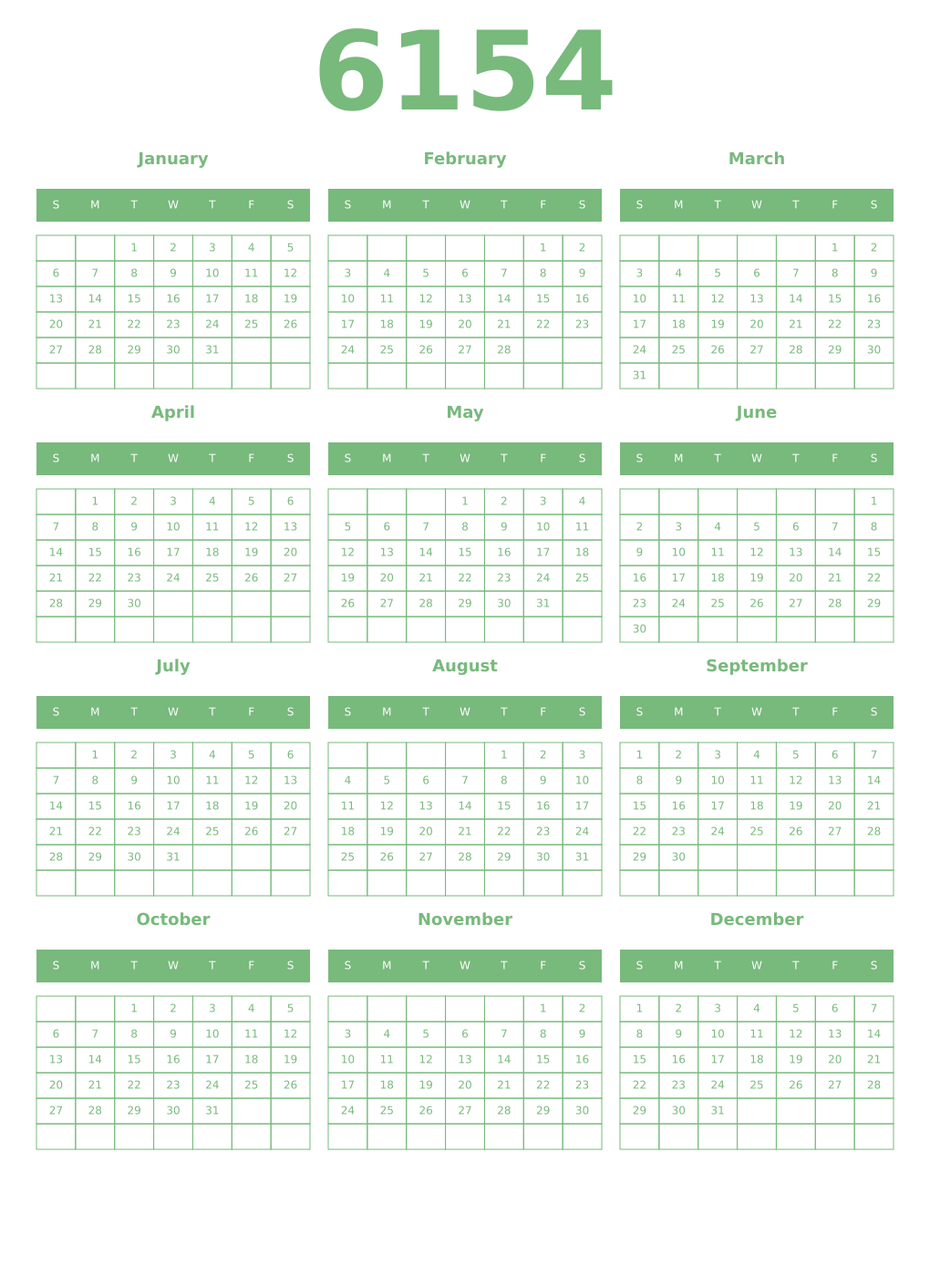 Printable 6154 Year Calendars celadon