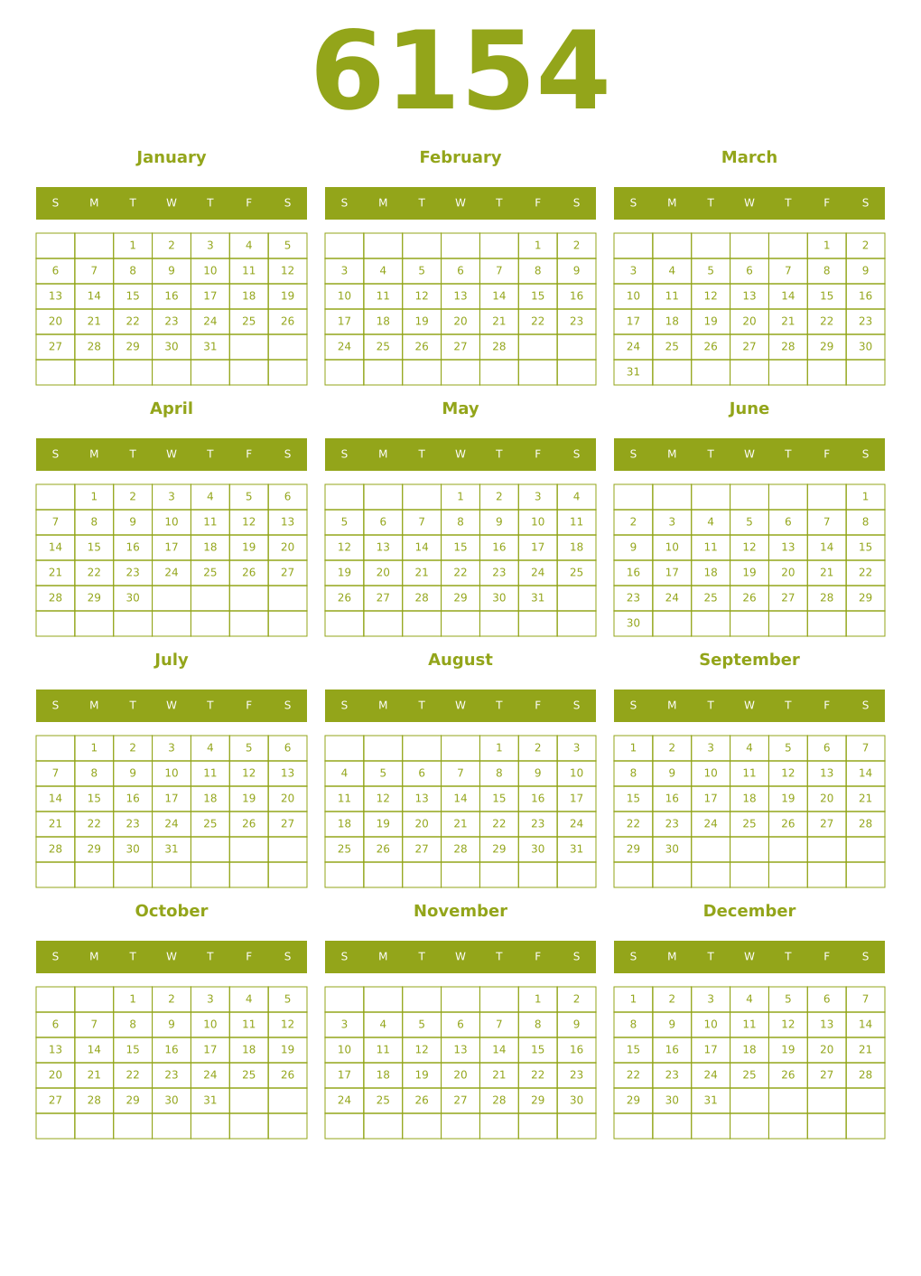 Printable 6154 Year Calendars chartreuse