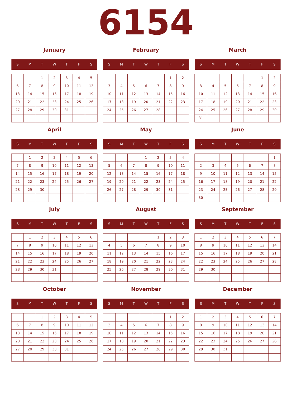 Printable 6154 Year Calendars falu