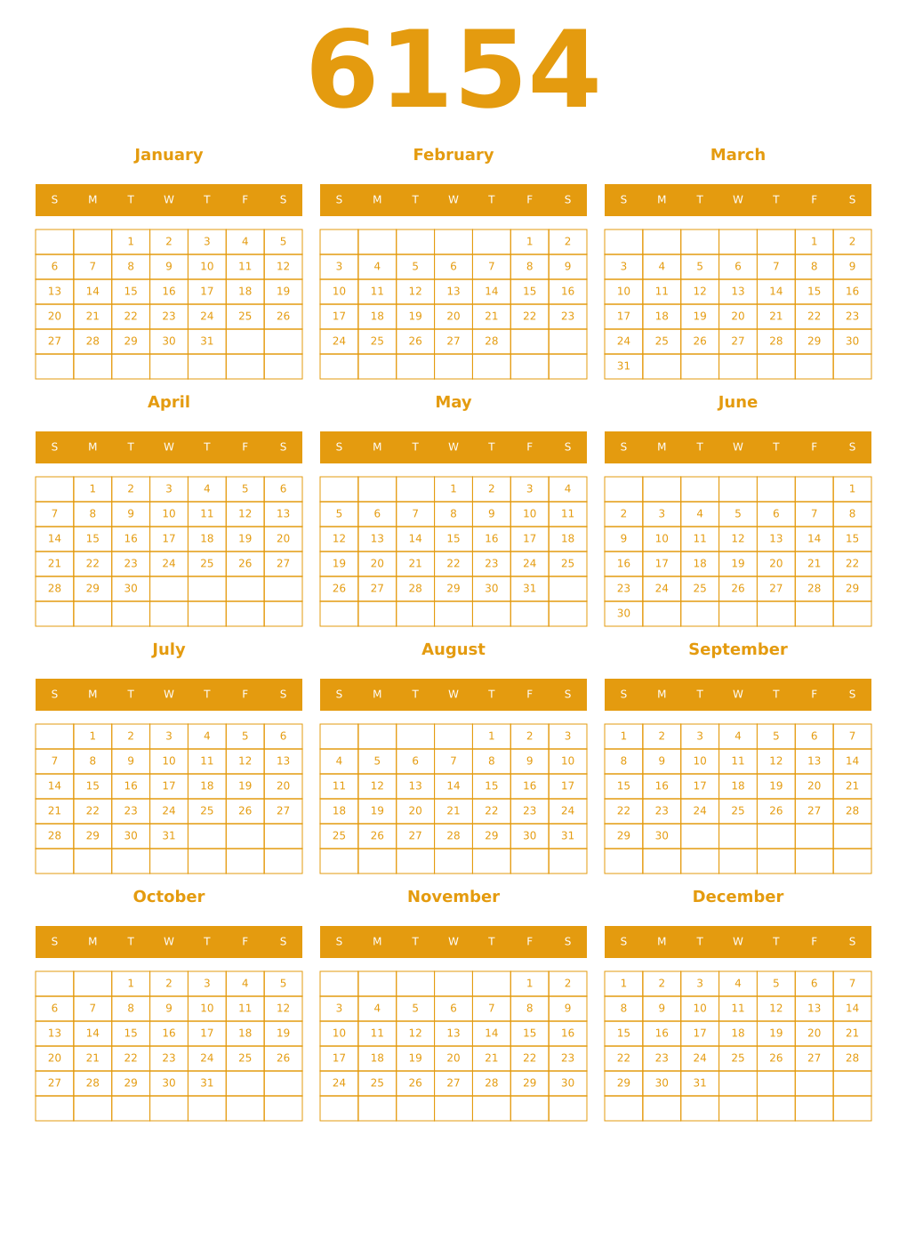 Printable 6154 Year Calendars gamboge