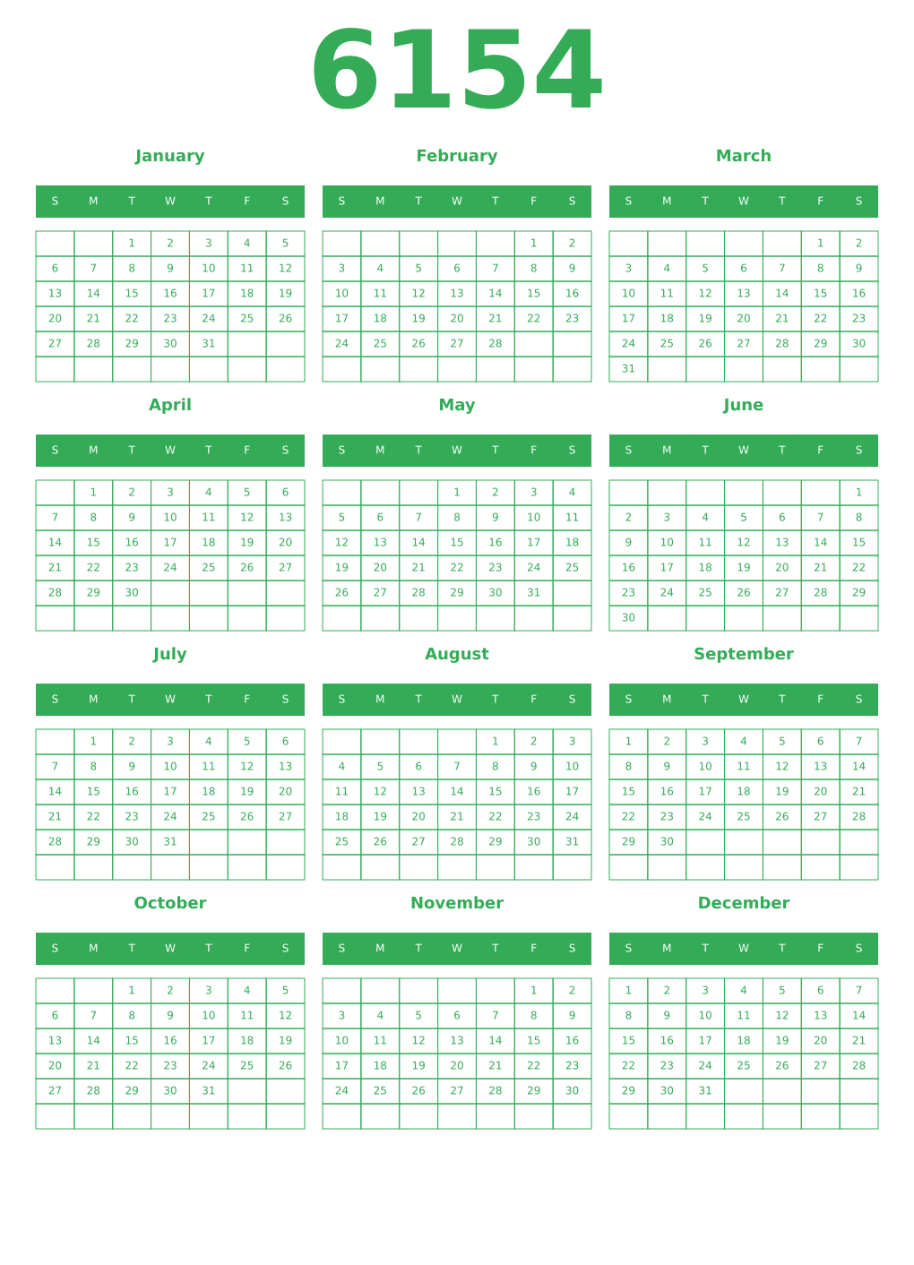 Printable 6154 Year Calendars green