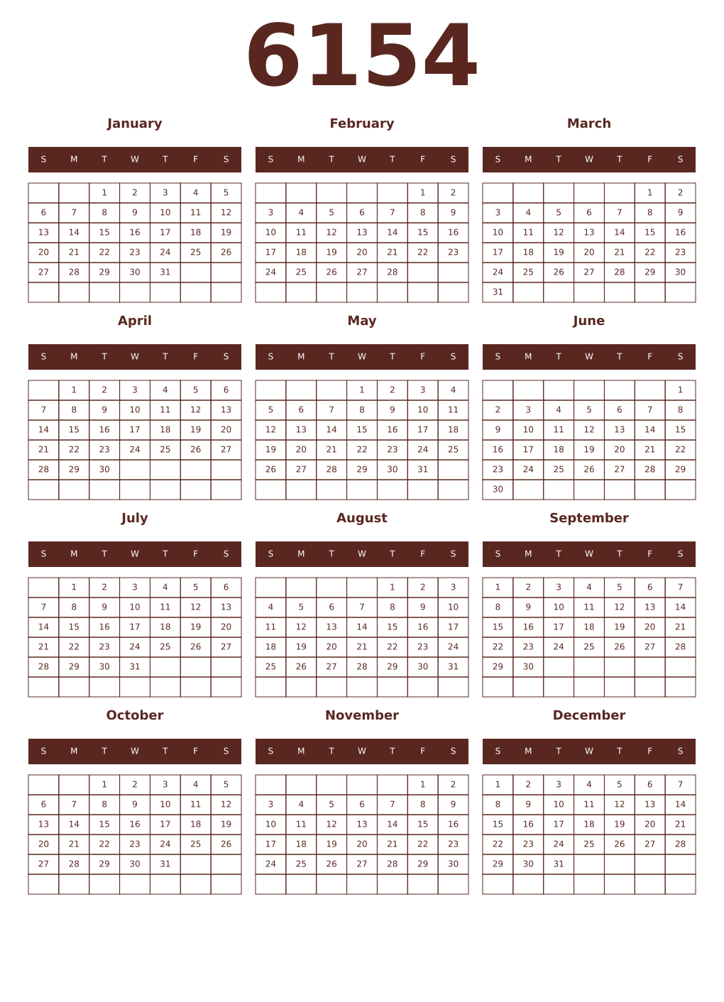 Printable 6154 Year Calendars mortuum