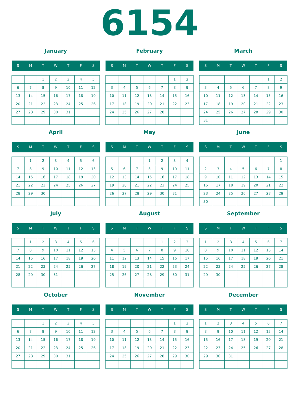Printable 6154 Year Calendars pastel