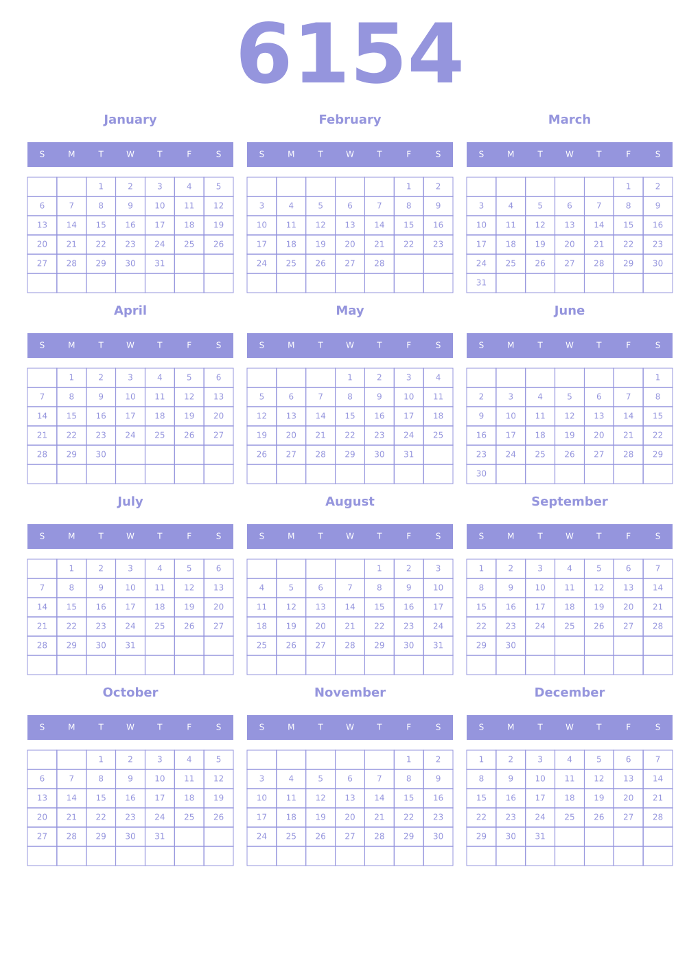 Printable 6154 Year Calendars periwinkle