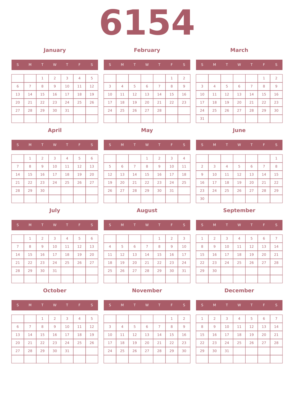 Printable 6154 Year Calendars puce