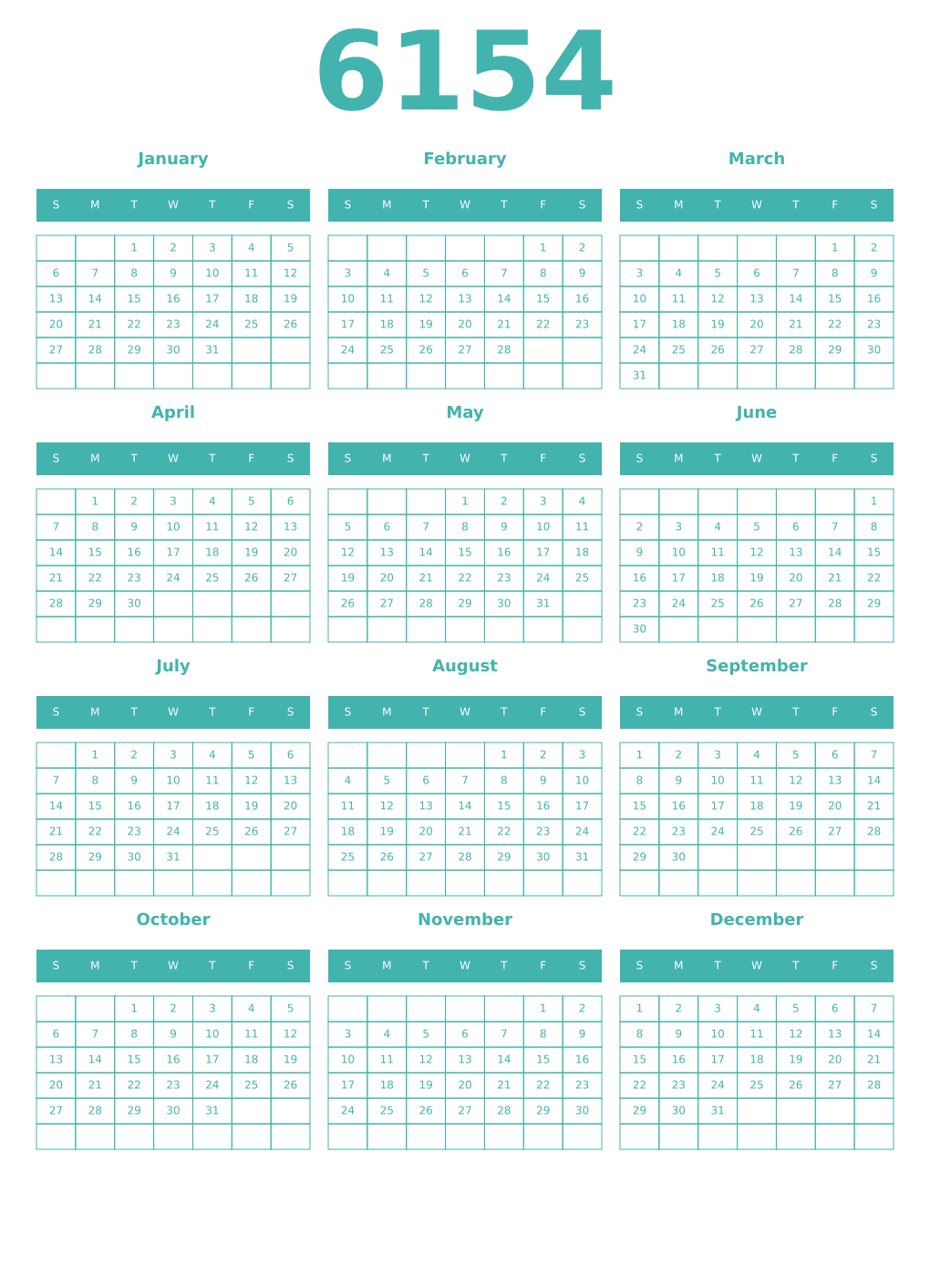 Printable 6154 Year Calendars verdigris