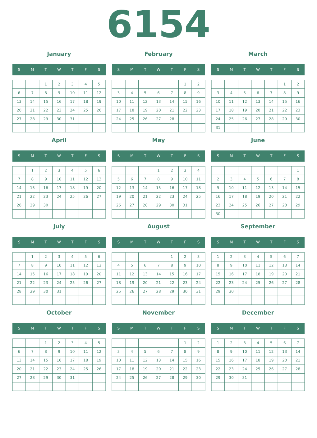 Printable 6154 Year Calendars viridian