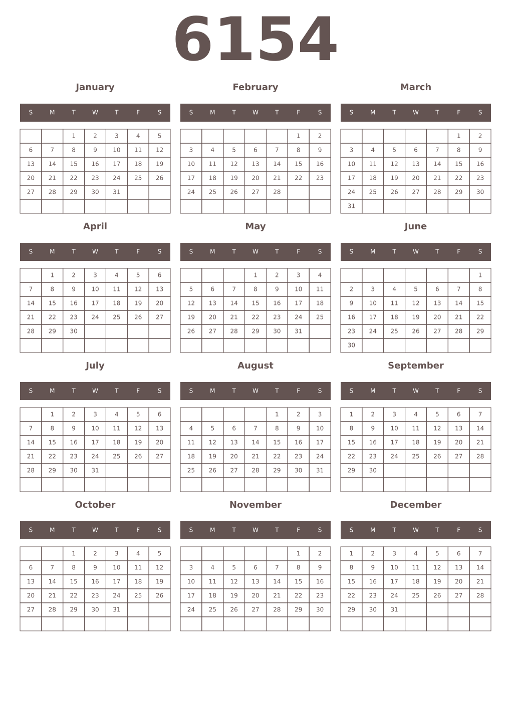 Printable 6154 Year Calendars wenge