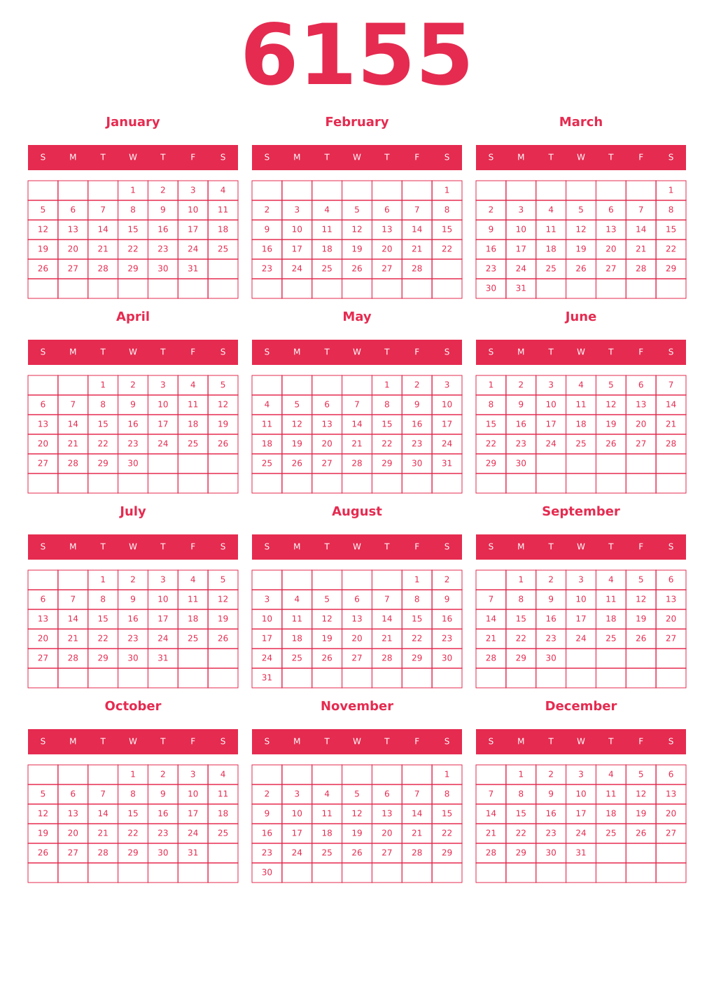 Printable 6155 Year Calendars amaranth