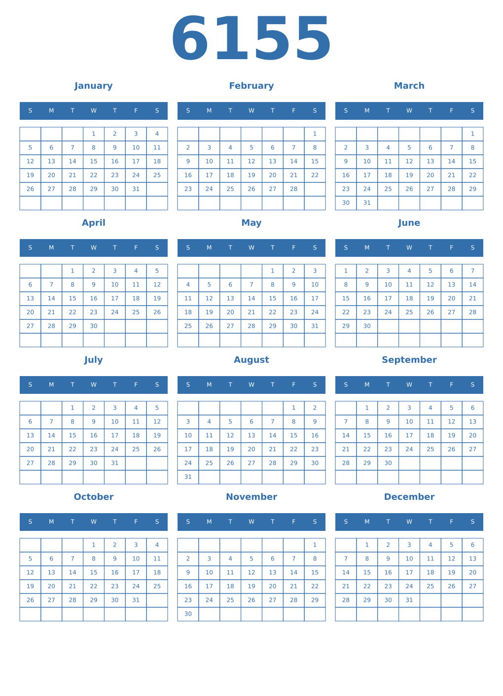 Printable 6155 Year Calendars blue