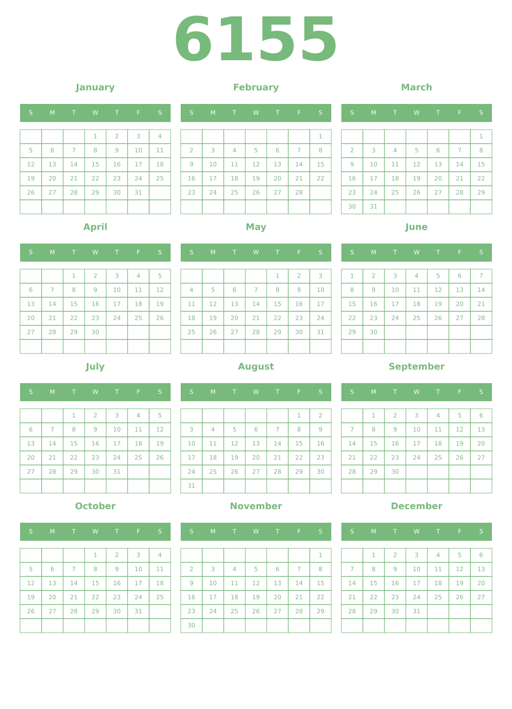 Printable 6155 Year Calendars celadon