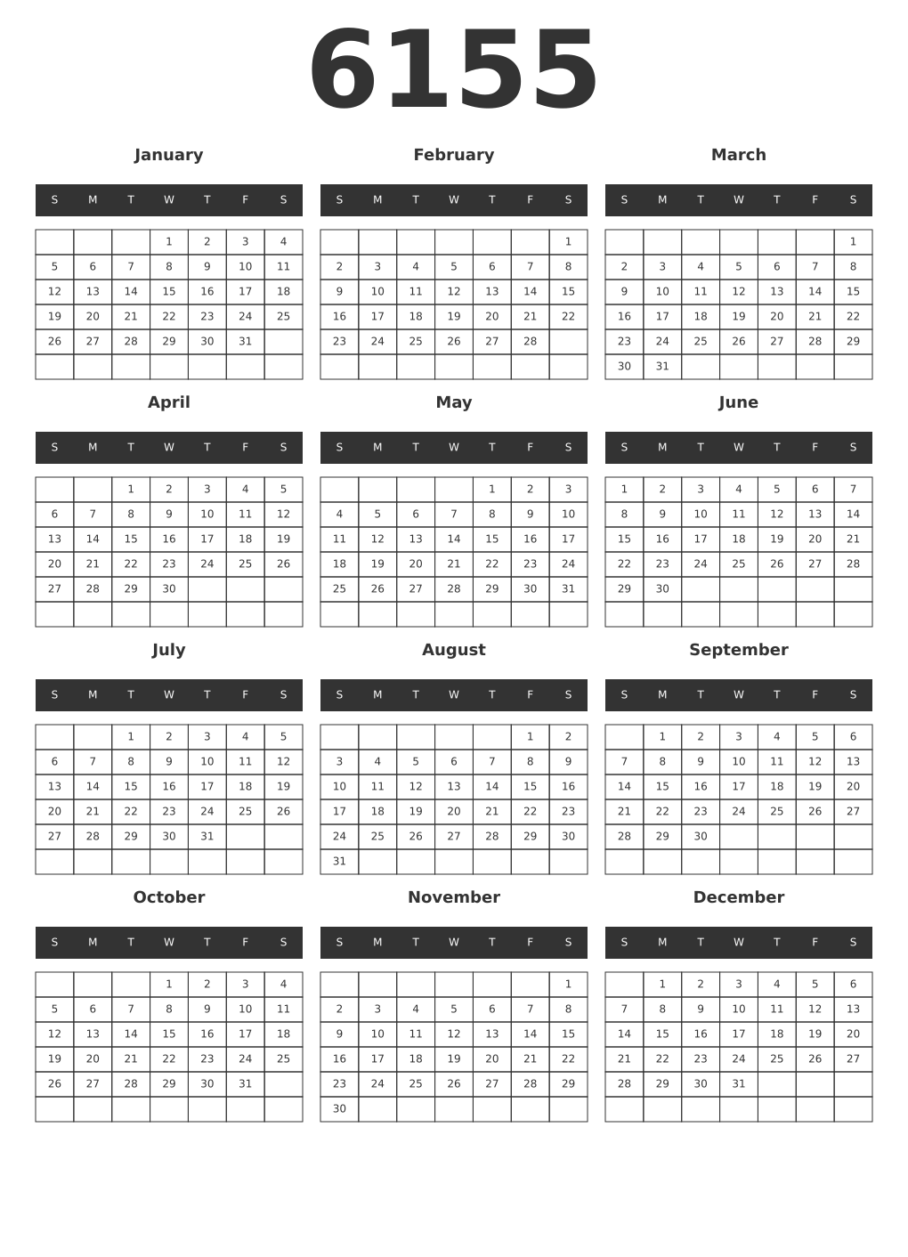 Printable 6155 Year Calendars dark
