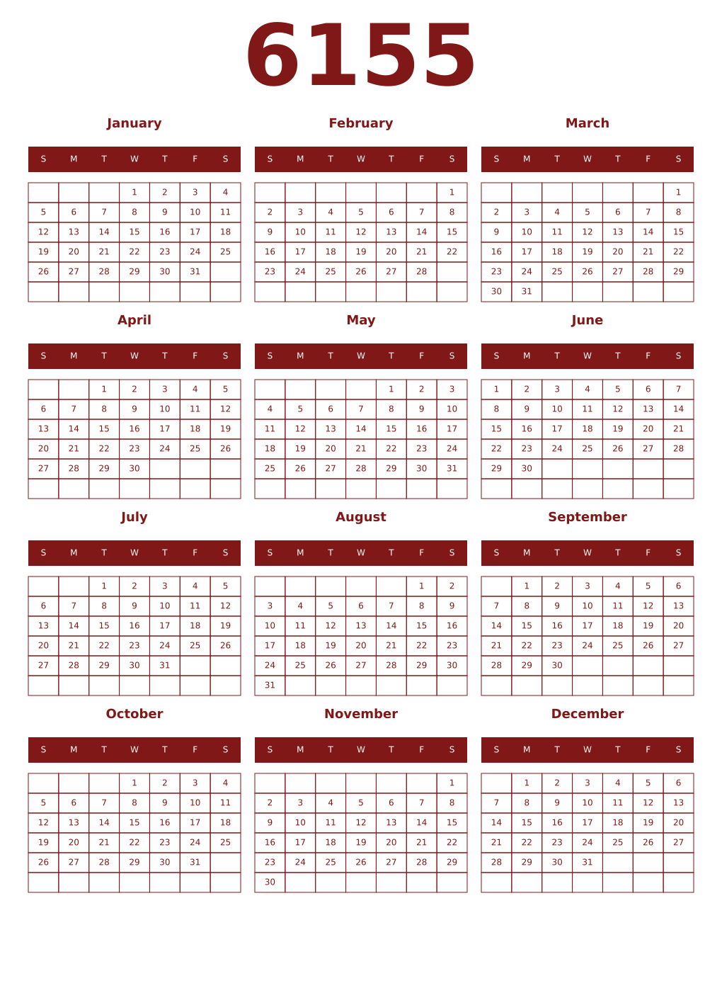 Printable 6155 Year Calendars falu