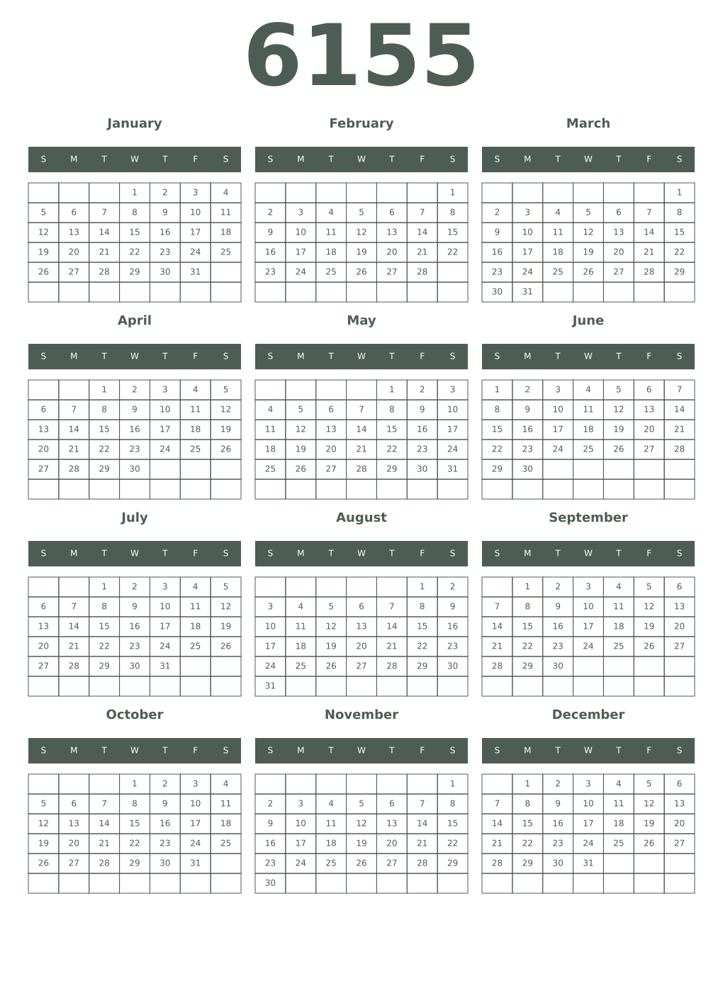Printable 6155 Year Calendars feldgrau