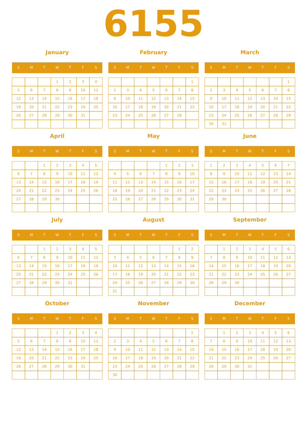 Printable 6155 Year Calendars gamboge