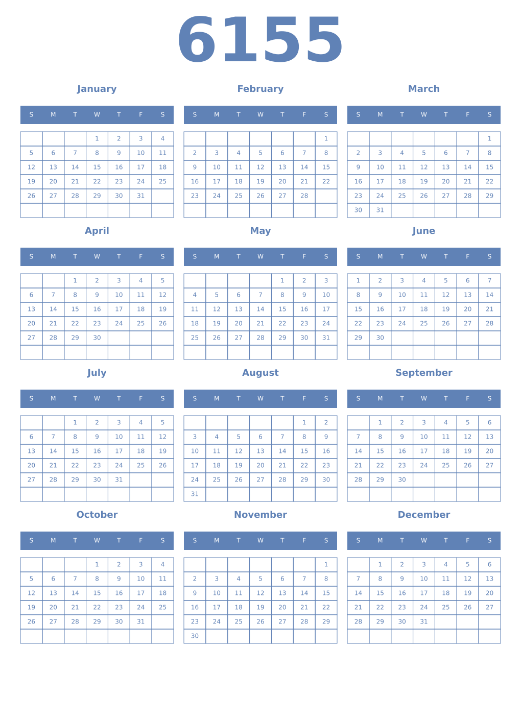 Printable 6155 Year Calendars glaucous