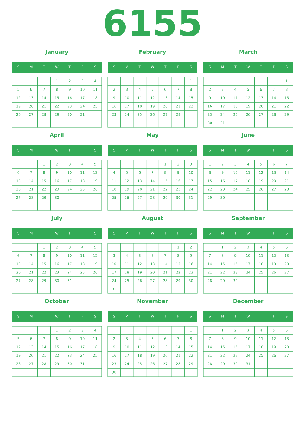 Printable 6155 Year Calendars green