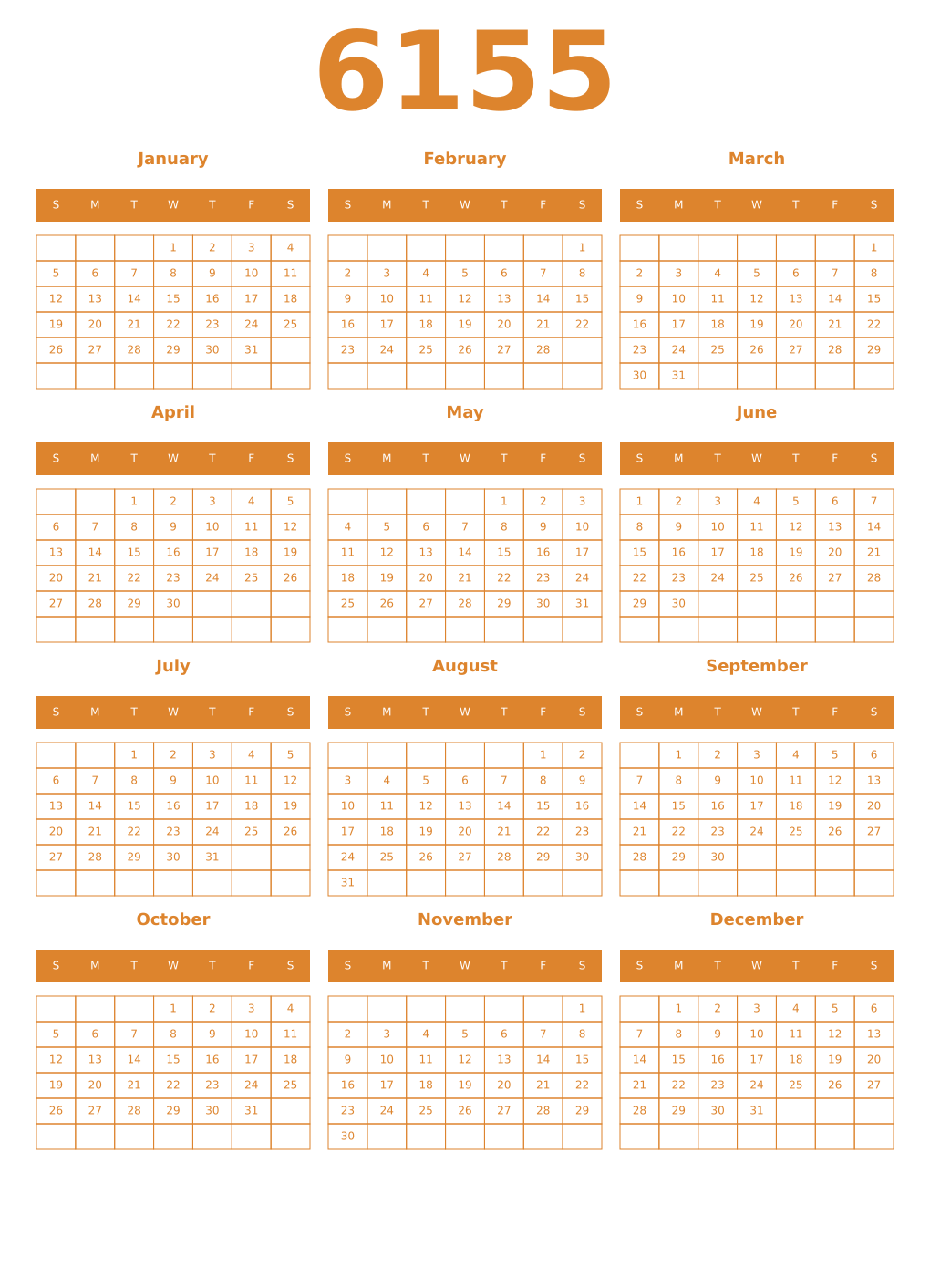 Printable 6155 Year Calendars orange