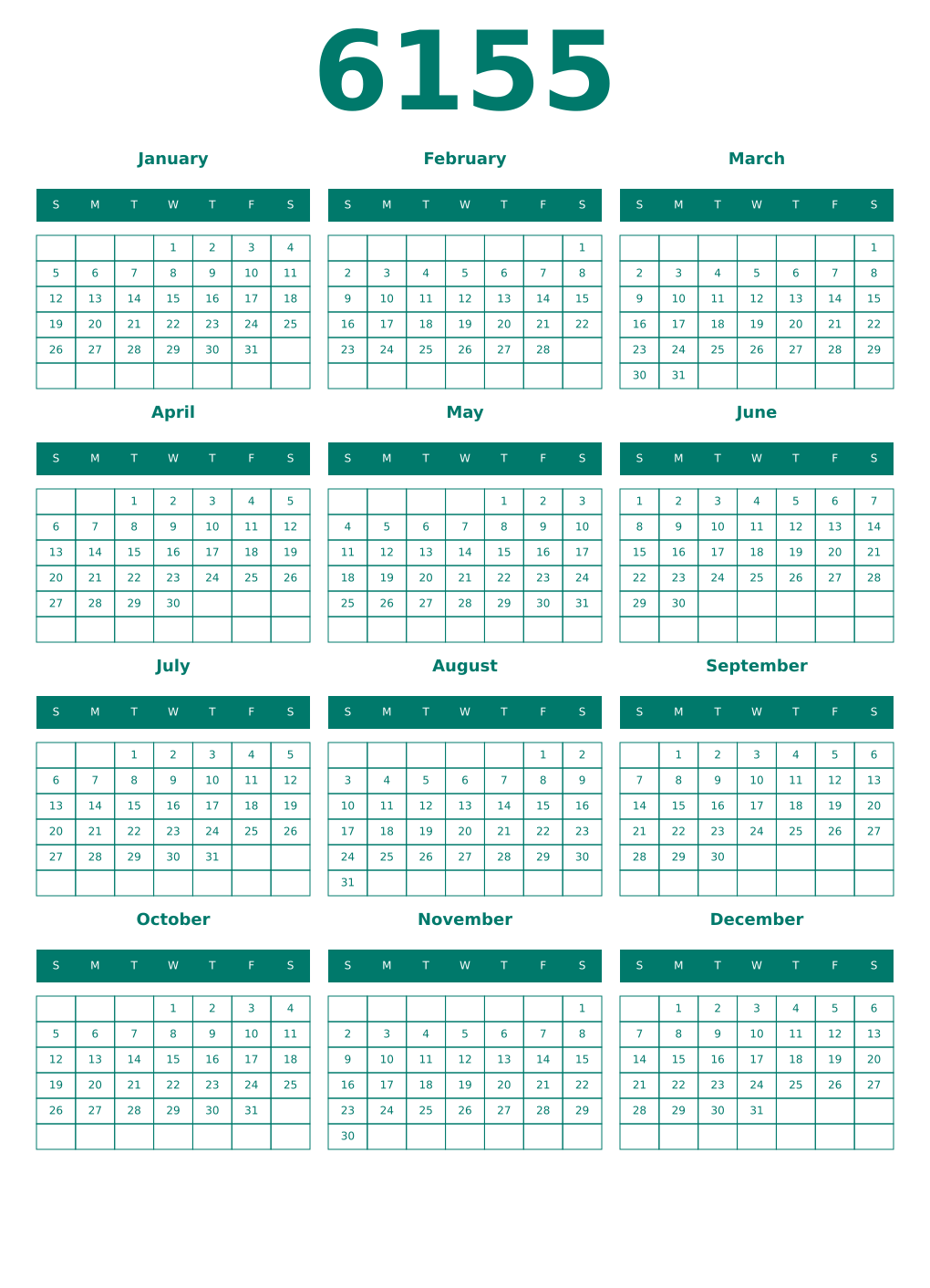 Printable 6155 Year Calendars pastel