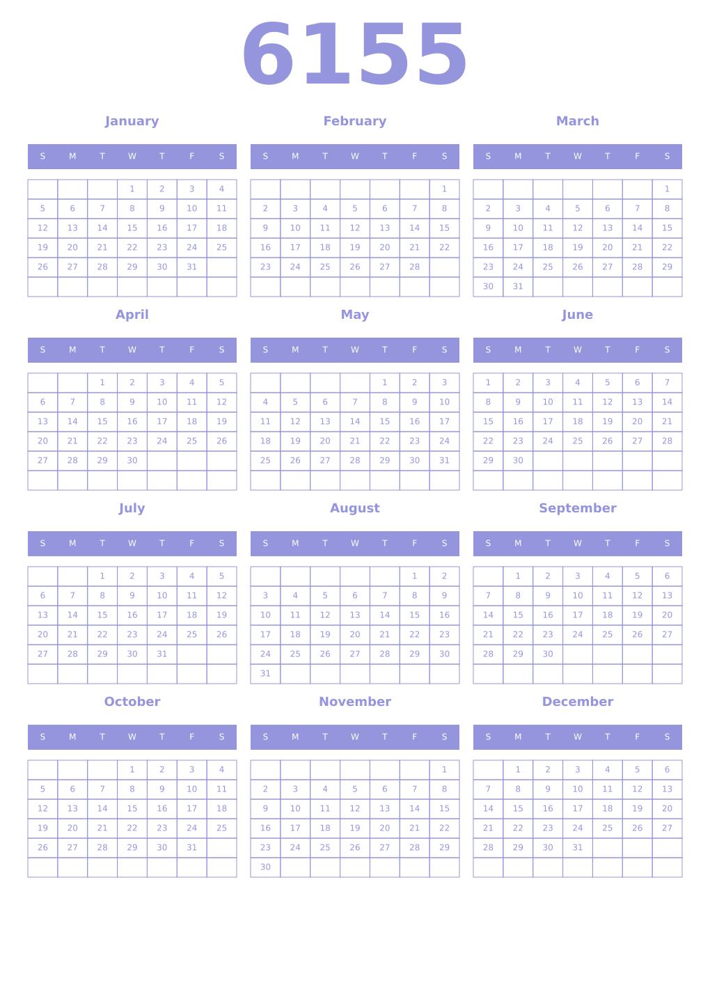 Printable 6155 Year Calendars periwinkle