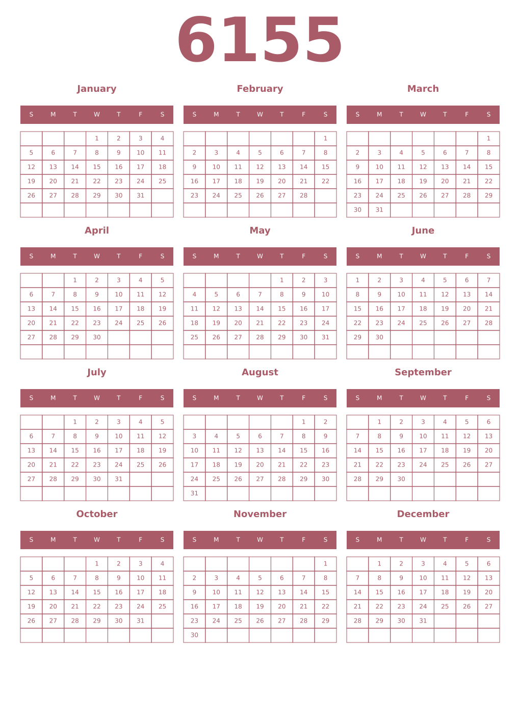 Printable 6155 Year Calendars puce