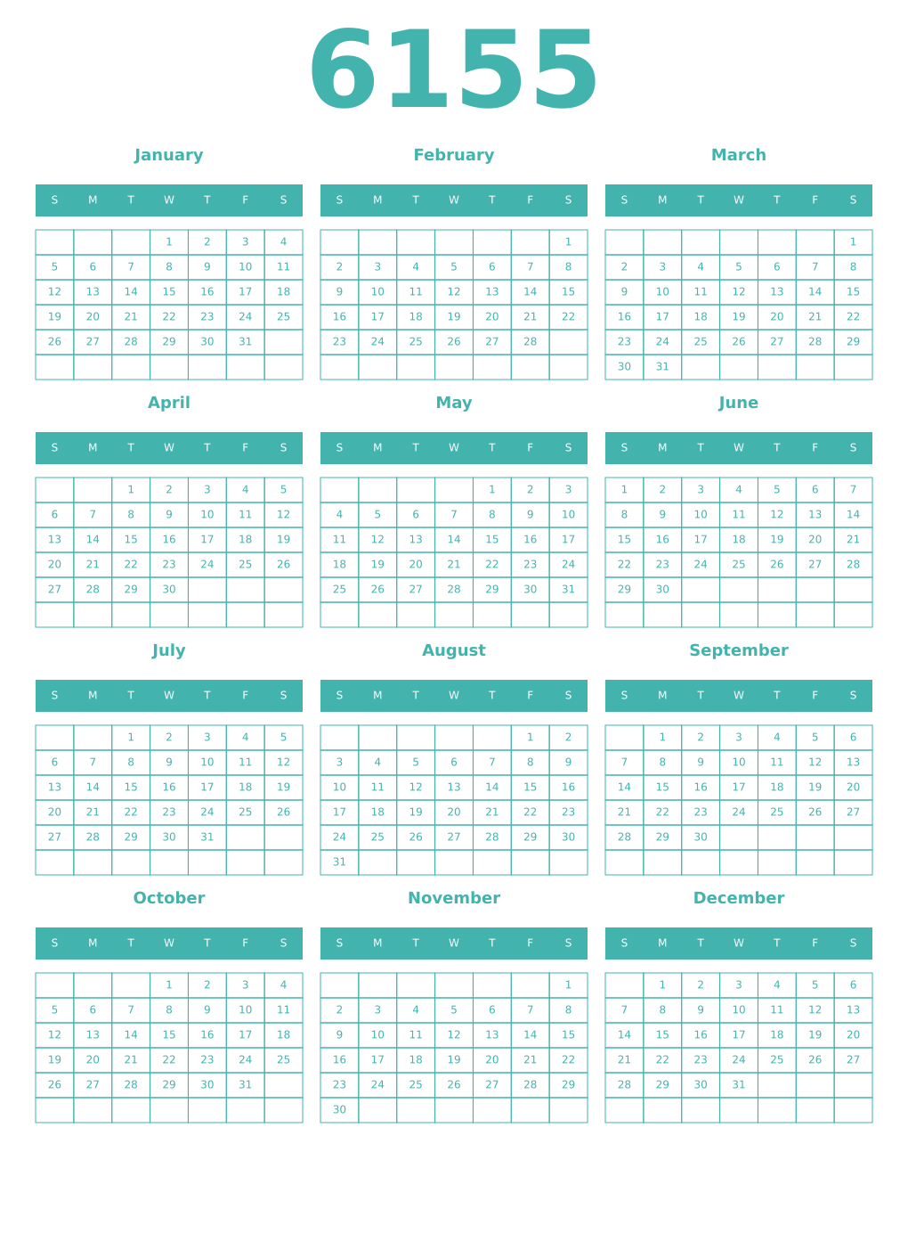 Printable 6155 Year Calendars verdigris