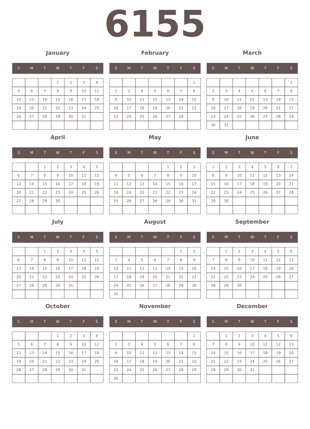 Printable 6155 Year Calendars wenge