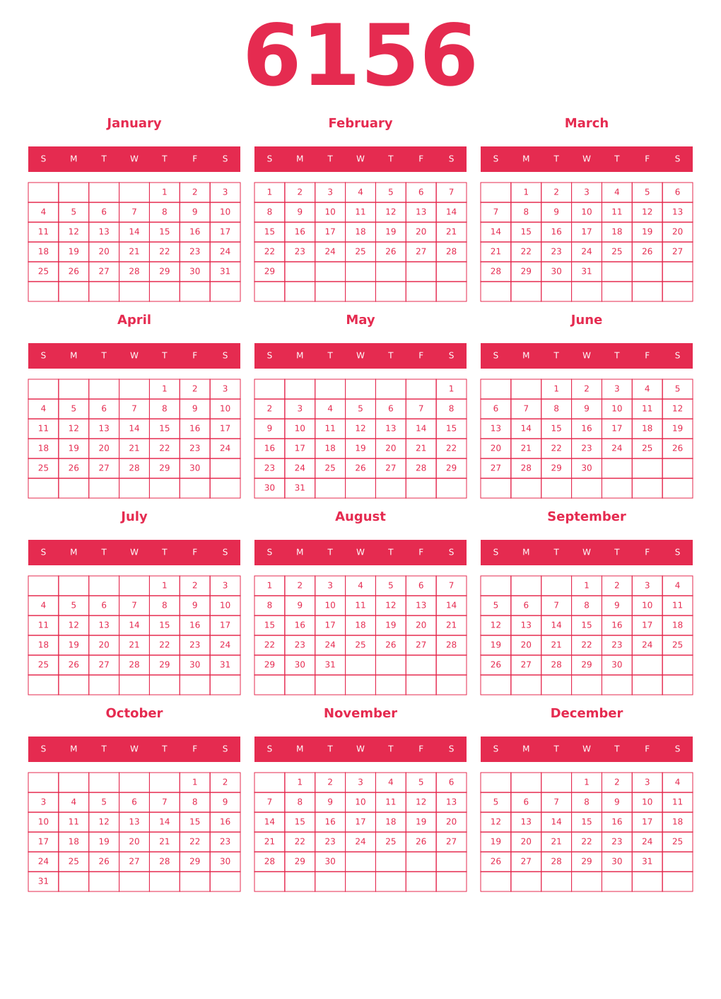 Printable 6156 Year Calendars amaranth