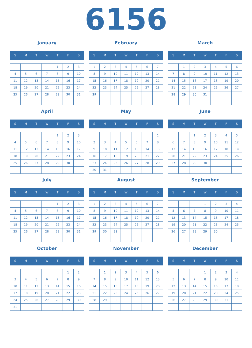 Printable 6156 Year Calendars blue