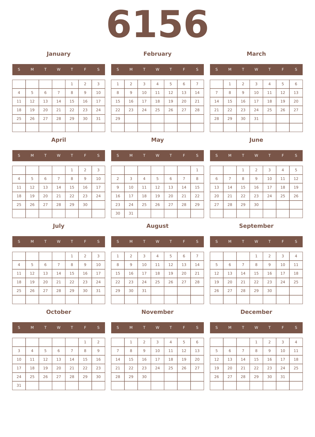 Printable 6156 Year Calendars coffe