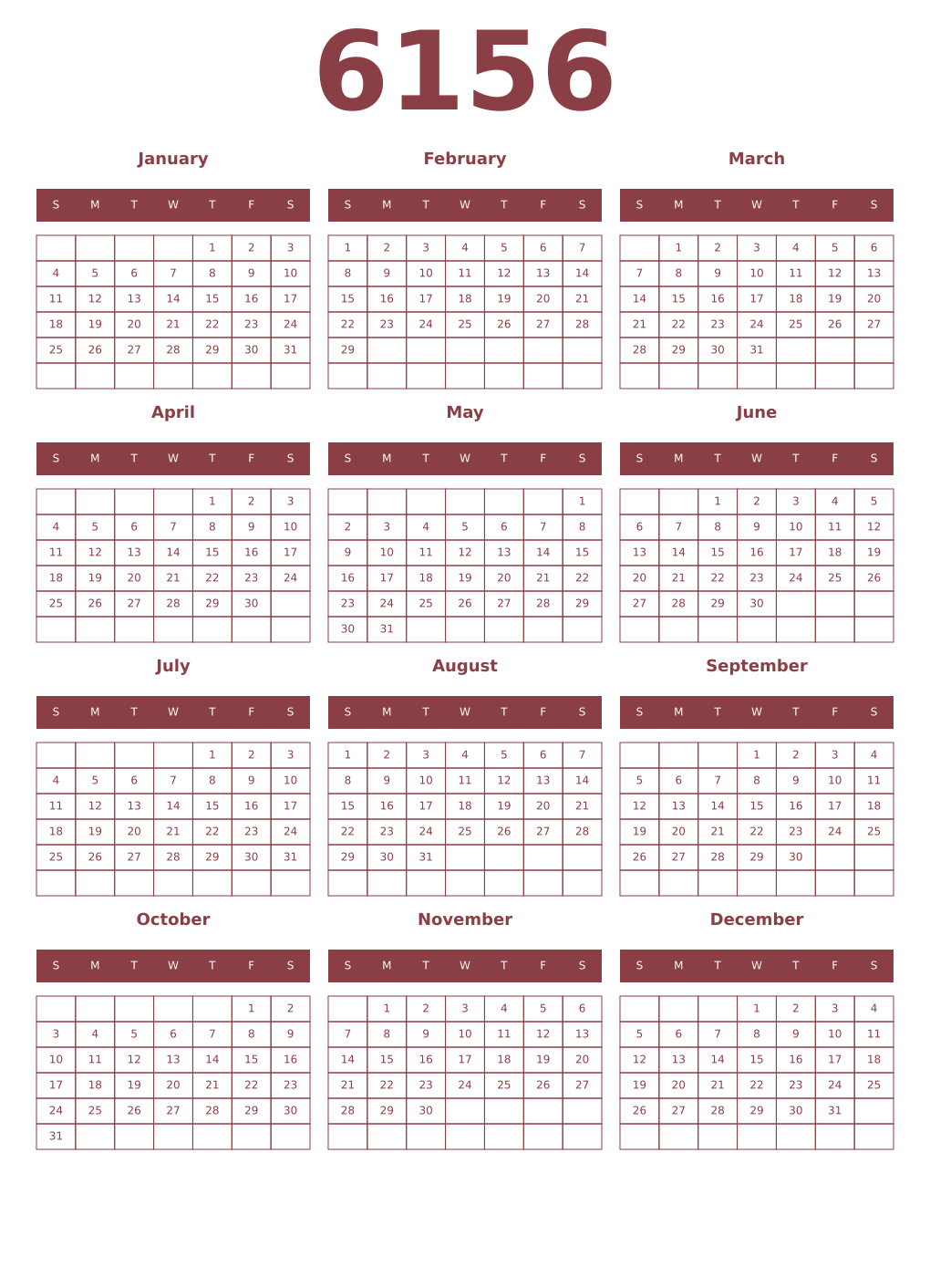 Printable 6156 Year Calendars cordovan