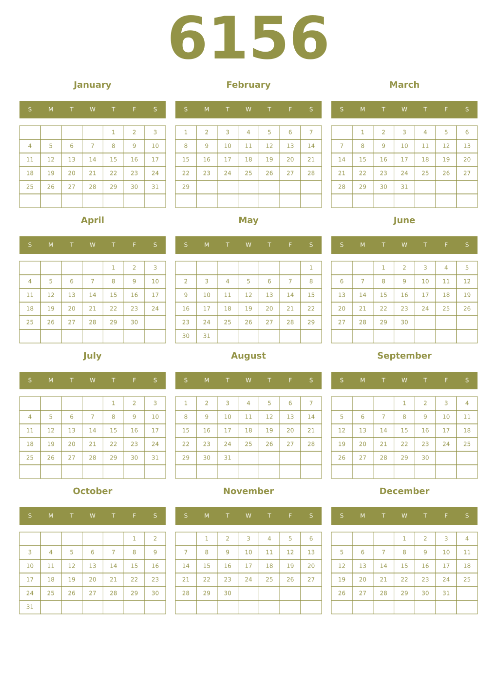 Printable 6156 Year Calendars eburnean