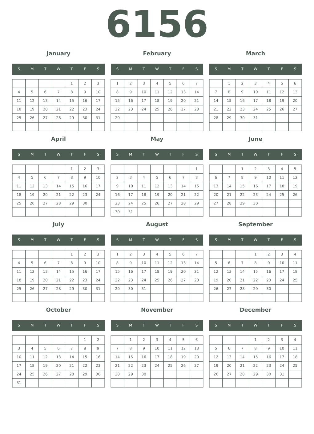 Printable 6156 Year Calendars feldgrau
