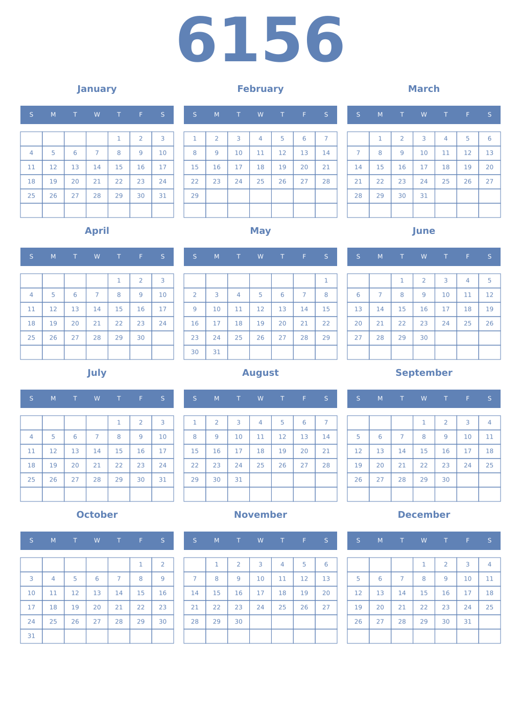 Printable 6156 Year Calendars glaucous
