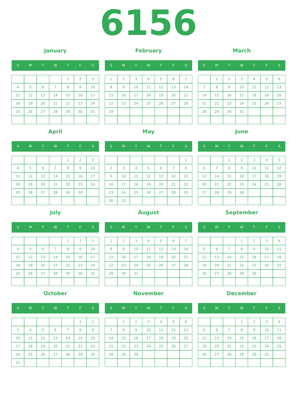 Printable 6156 Year Calendars green