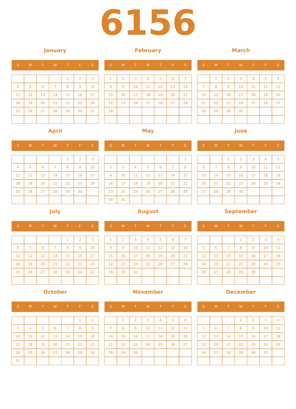 Printable 6156 Year Calendars orange