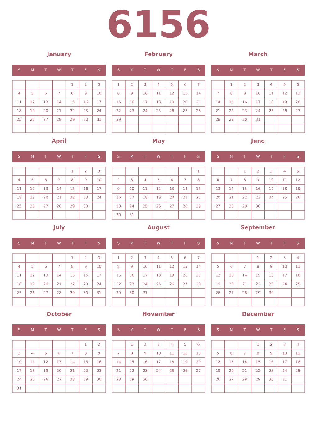 Printable 6156 Year Calendars puce