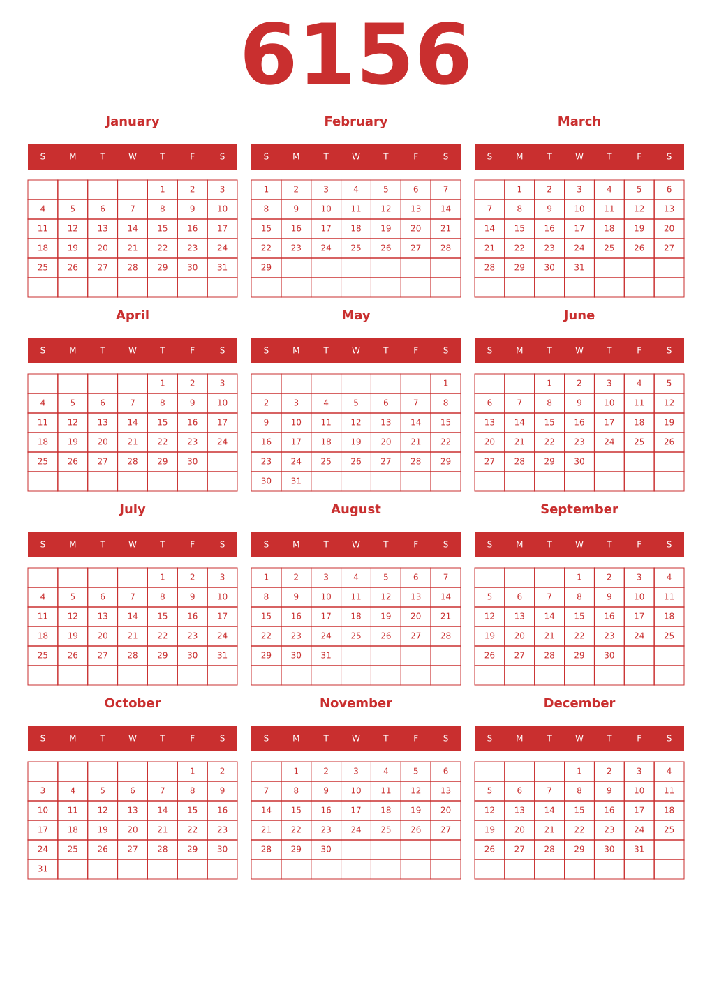 Printable 6156 Year Calendars red