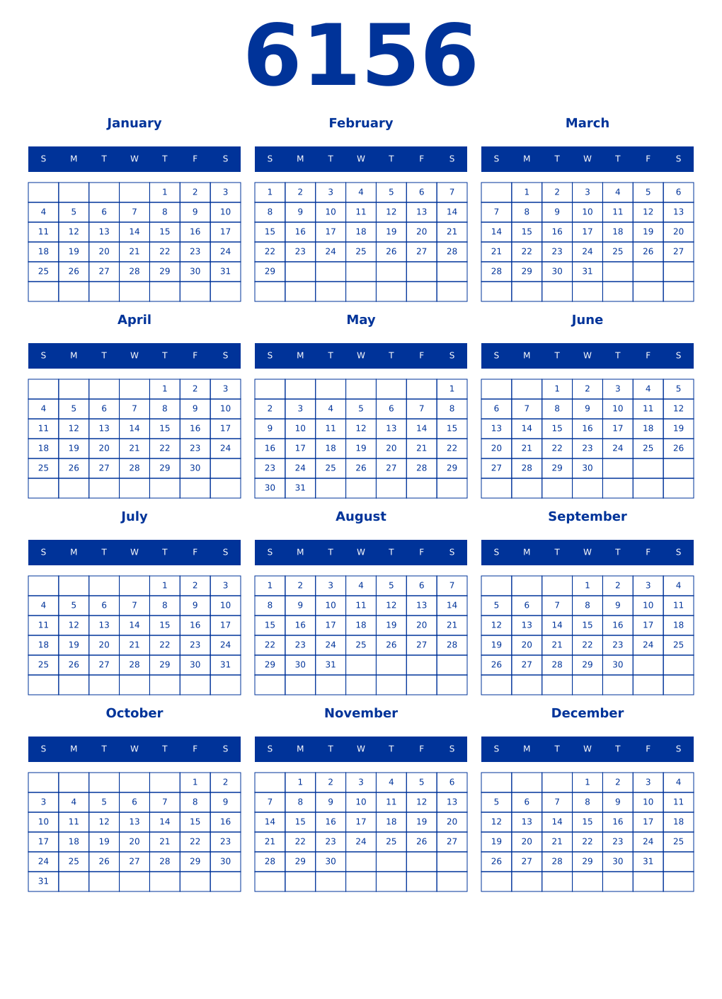 Printable 6156 Year Calendars smalt