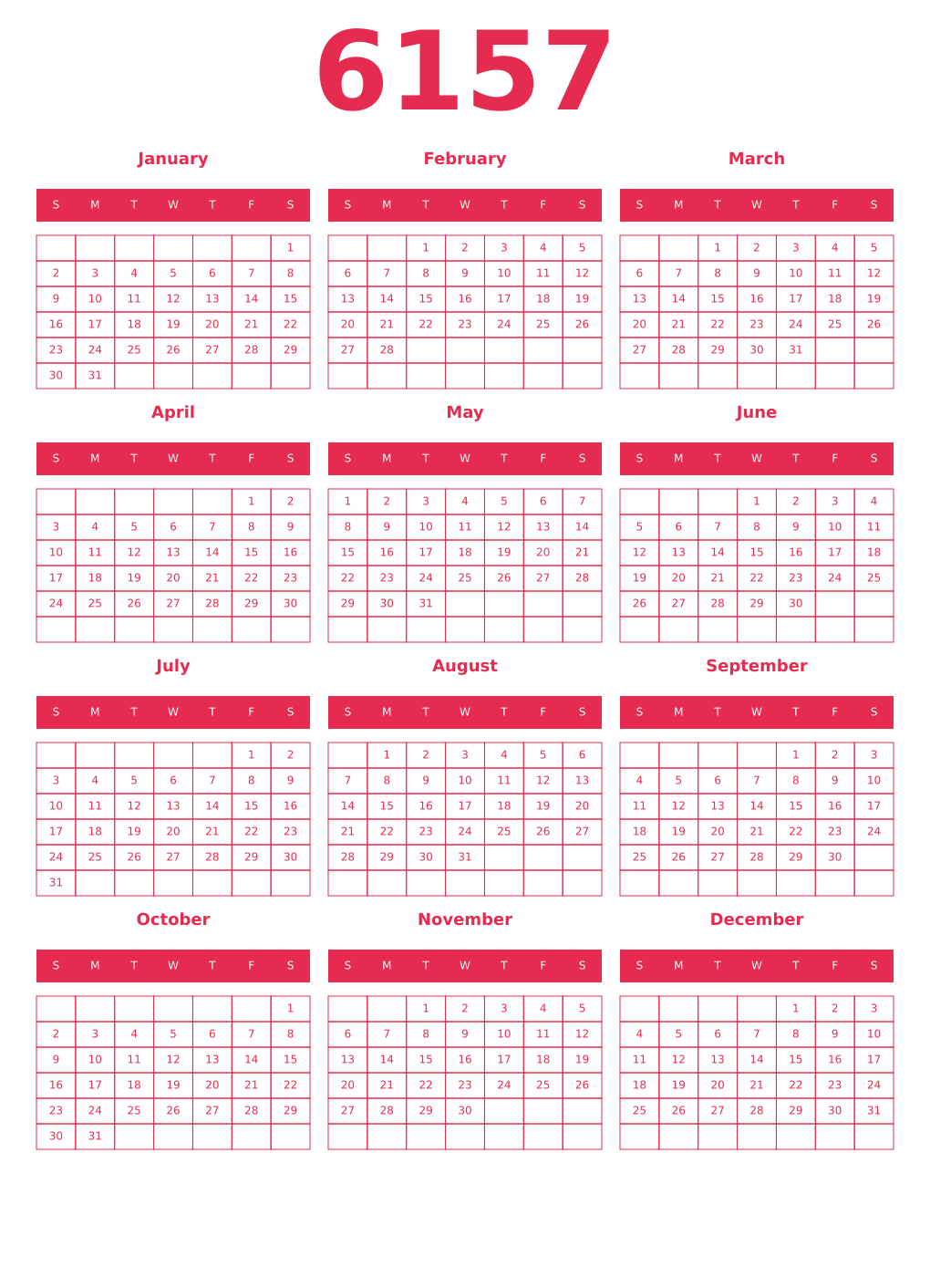 Printable 6157 Year Calendars amaranth