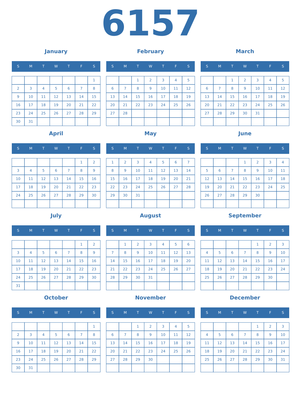 Printable 6157 Year Calendars blue
