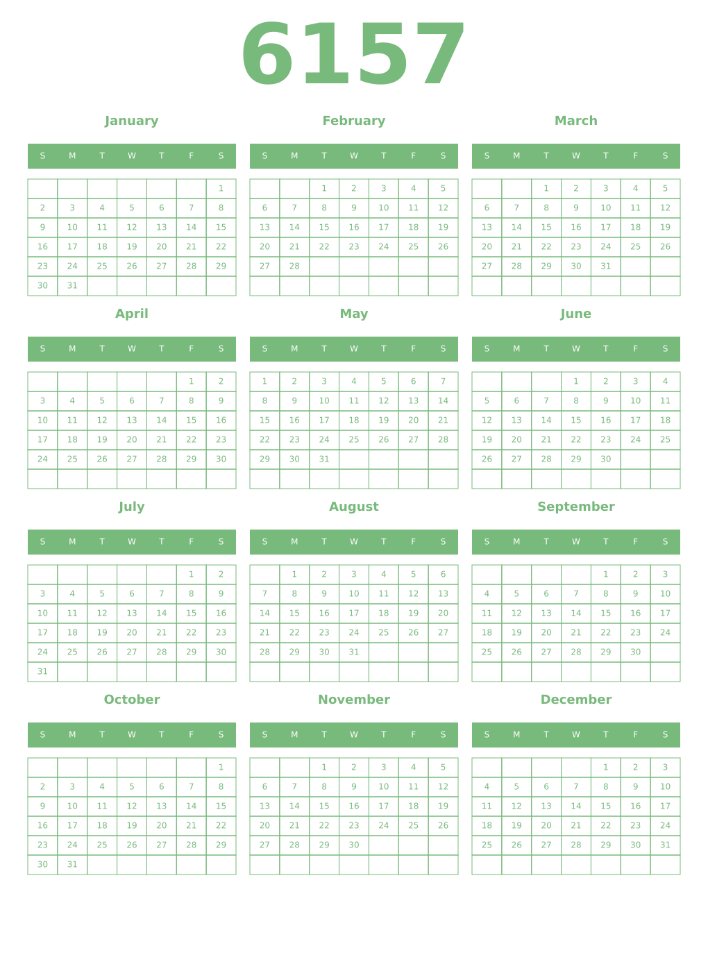 Printable 6157 Year Calendars celadon