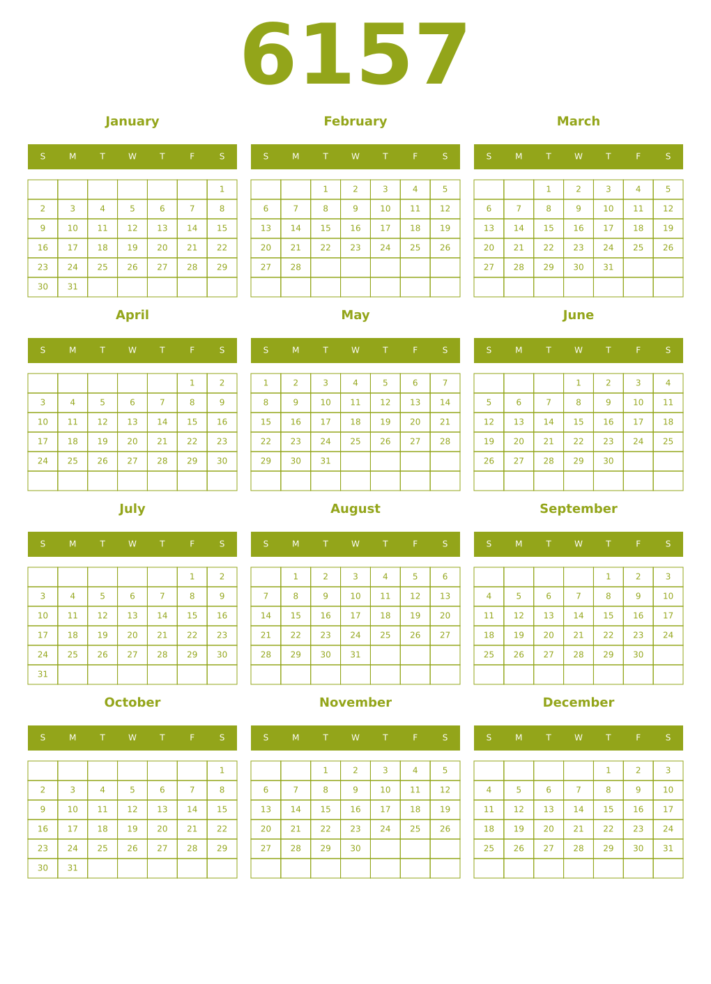 Printable 6157 Year Calendars chartreuse