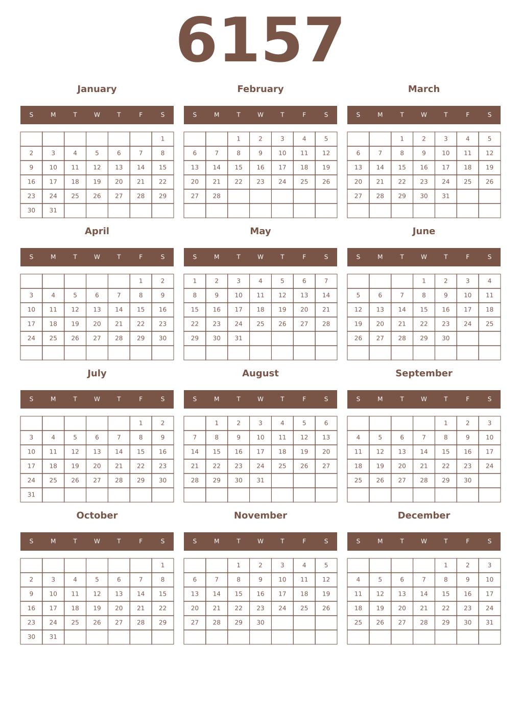 Printable 6157 Year Calendars coffe