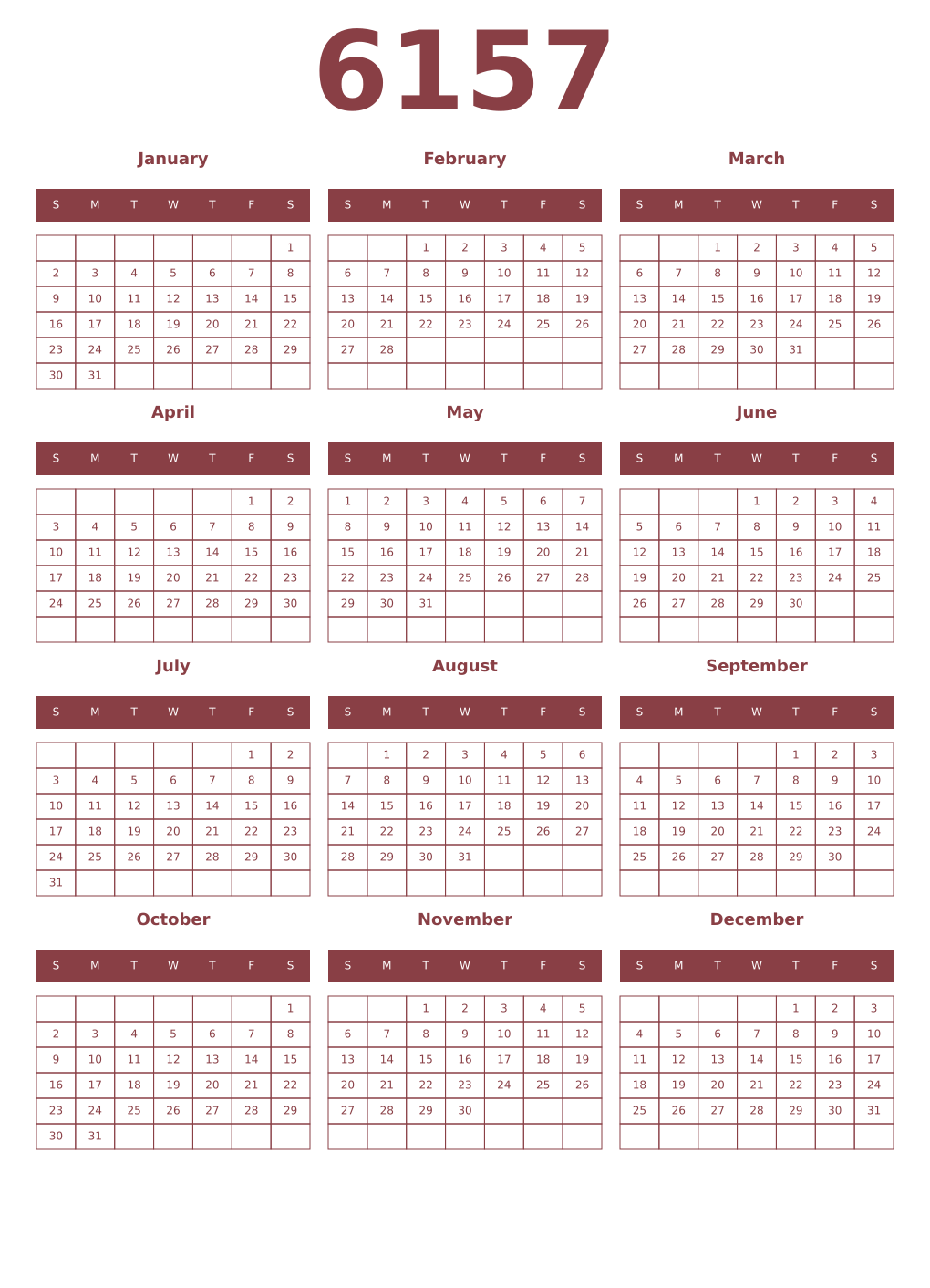 Printable 6157 Year Calendars cordovan