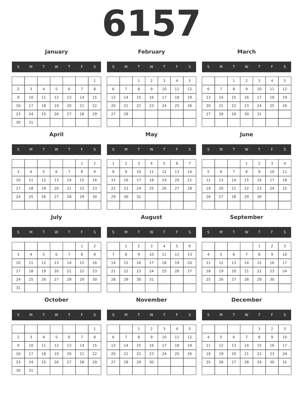 Printable 6157 Year Calendars dark