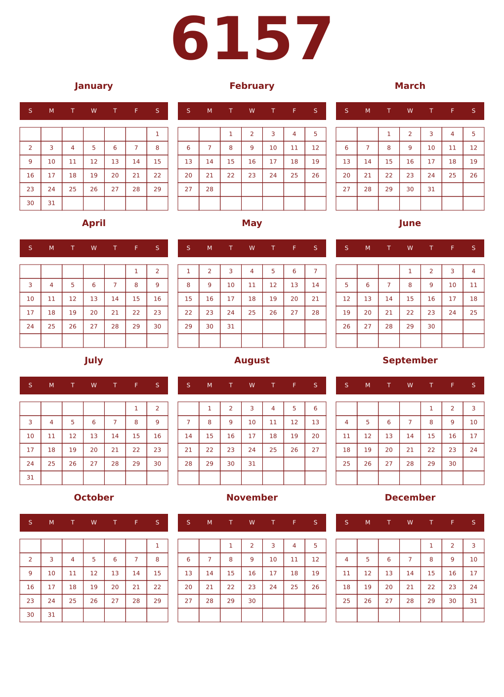 Printable 6157 Year Calendars falu
