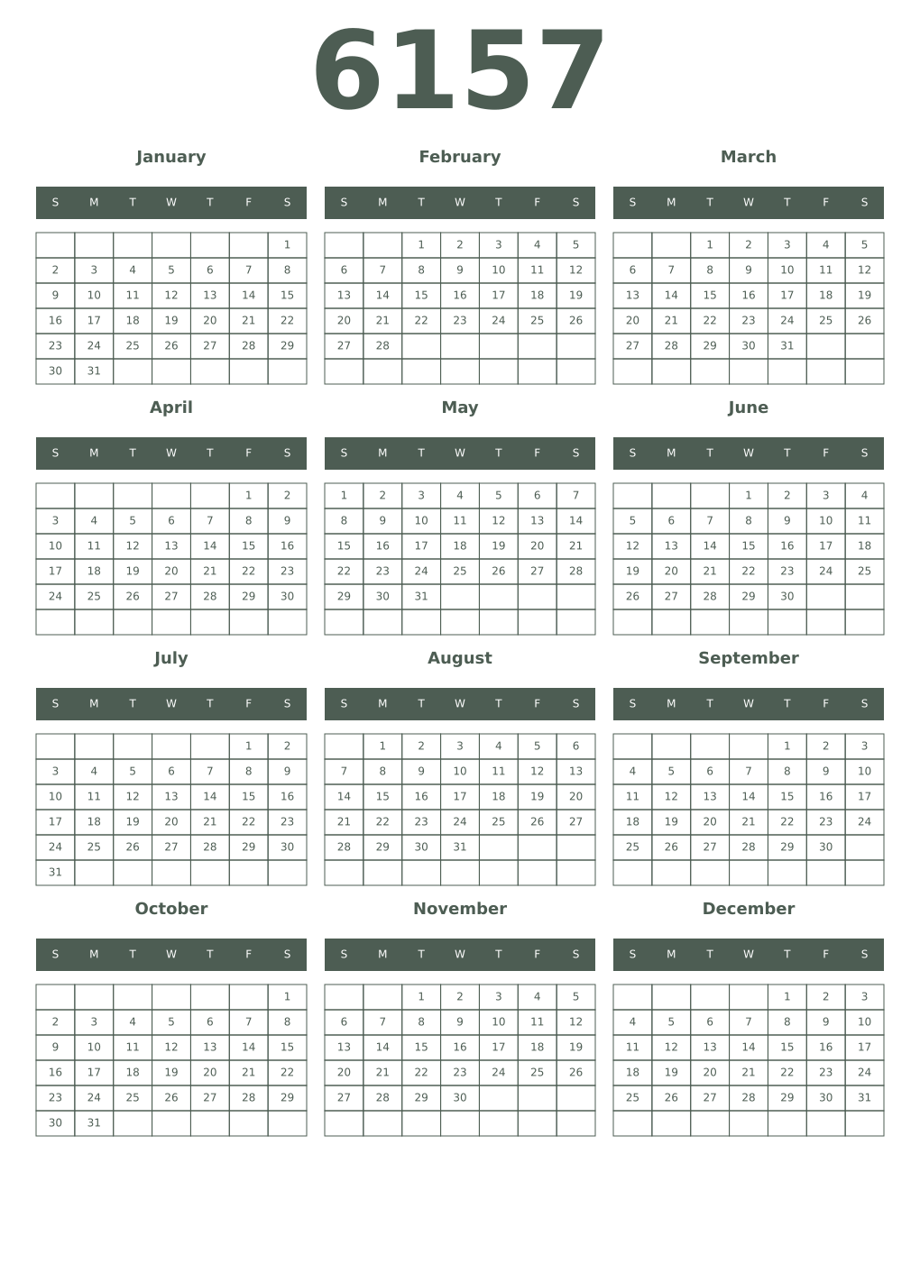 Printable 6157 Year Calendars feldgrau