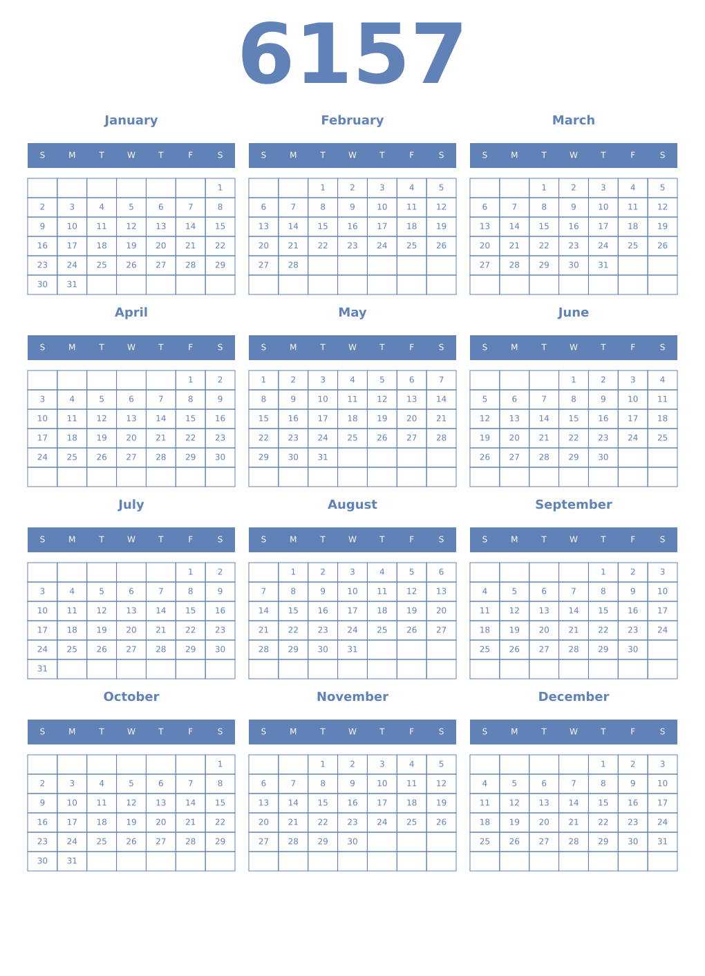 Printable 6157 Year Calendars glaucous