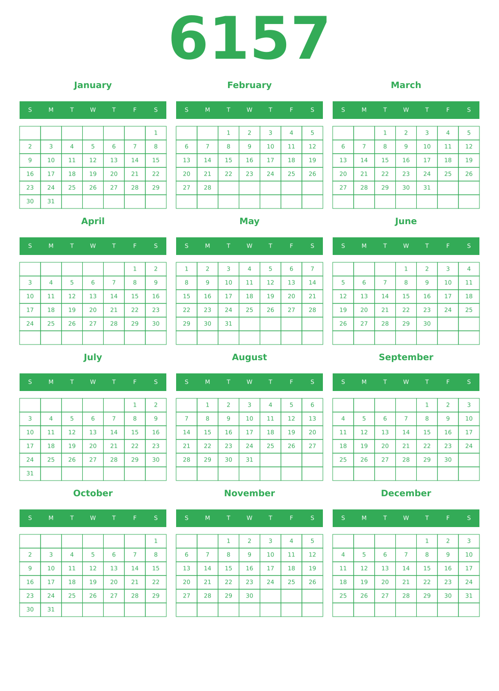 Printable 6157 Year Calendars green